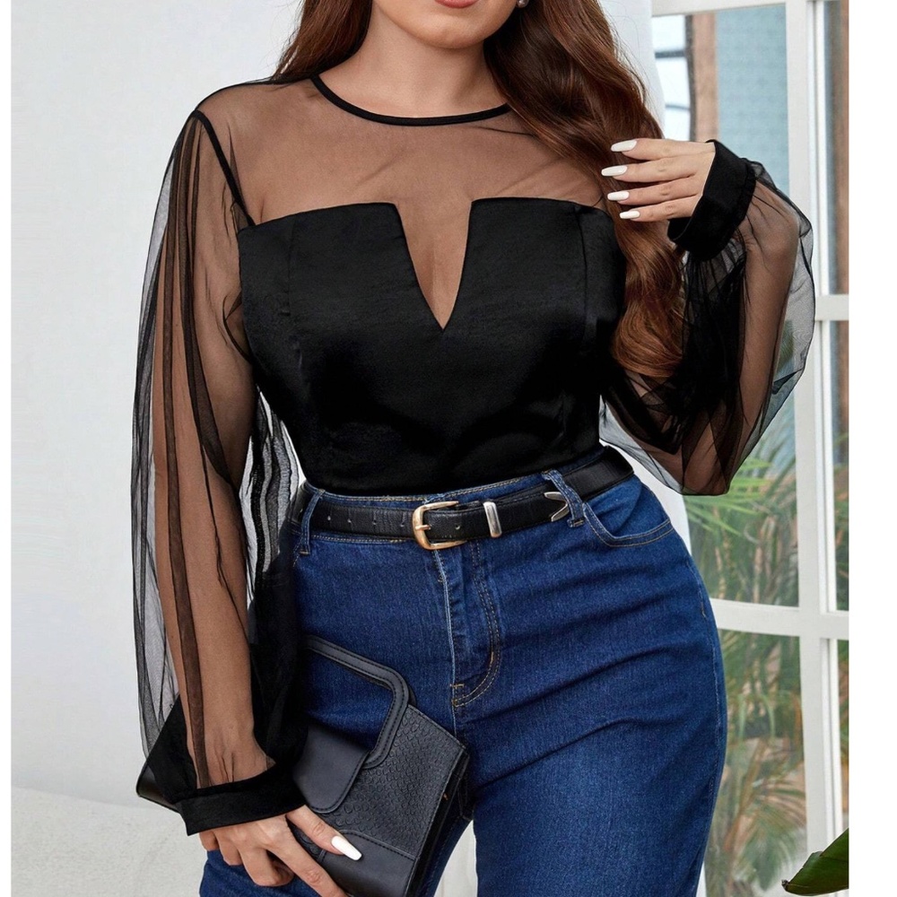 Plus Black Semi Sheer Long Sleeve top - Picture 1 of 5